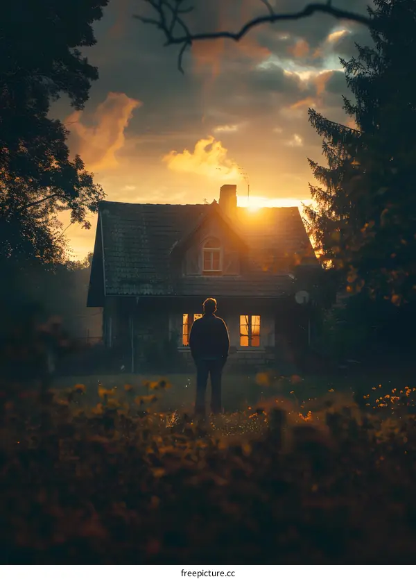 Man standing in front of a house at sunset