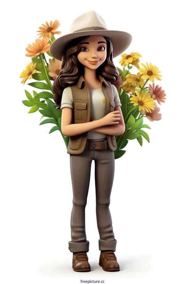A female park ranger is standing in front of a white background. She is wearing a hat, vest, and pants. She has a friendly smile on her face and is carrying a bouquet of flowers.