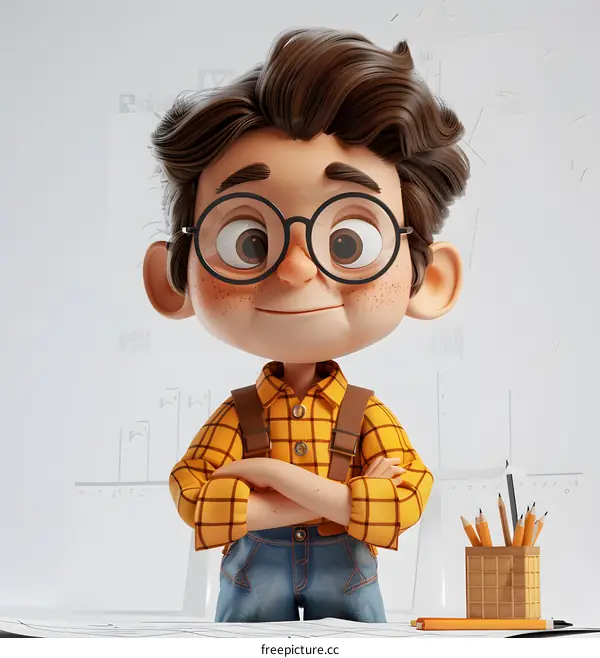 A boy in glasses is standing in front of a table with a pencil holder.