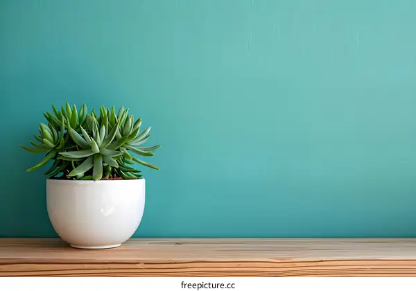 Green Succulent Plant in a White Pot on a Wooden Shelf Against a Turquoise Wall