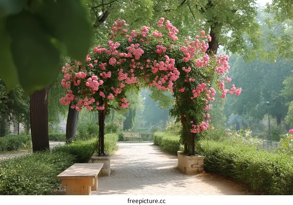Pink Rose Archway in a Peaceful Park