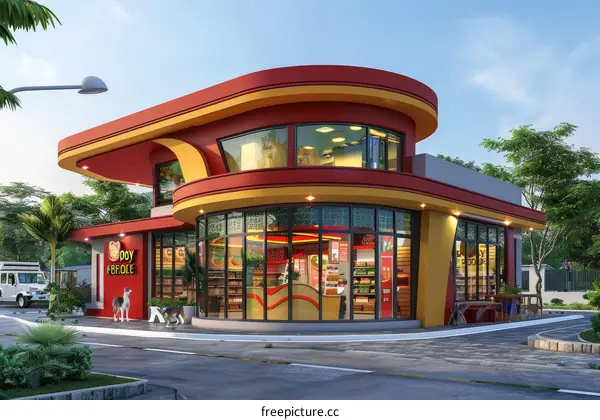 Modern commercial buildings with large glass windows