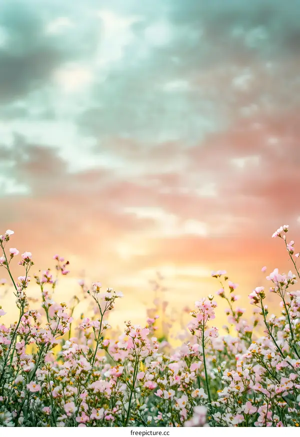Pink Flowers Field with Sunset Sky Background