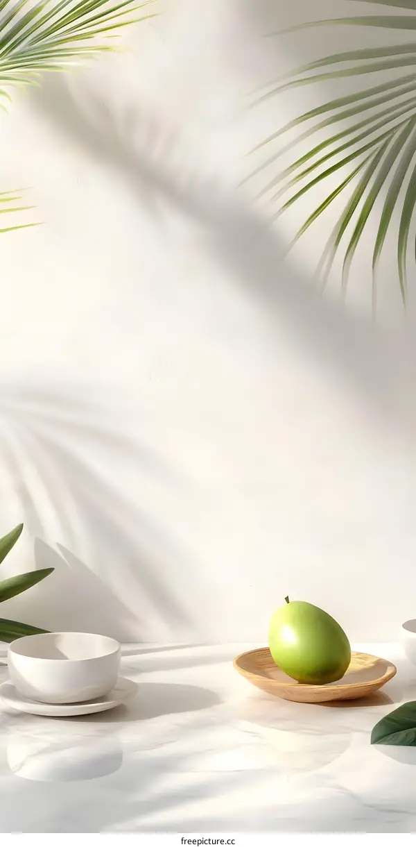 Green Mango on Wooden Plate with Palm Leaves and Sunlight on White Background