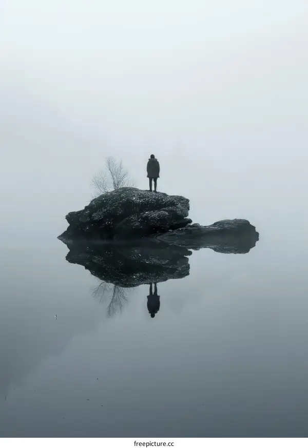 A person standing alone on a rock in a foggy lake