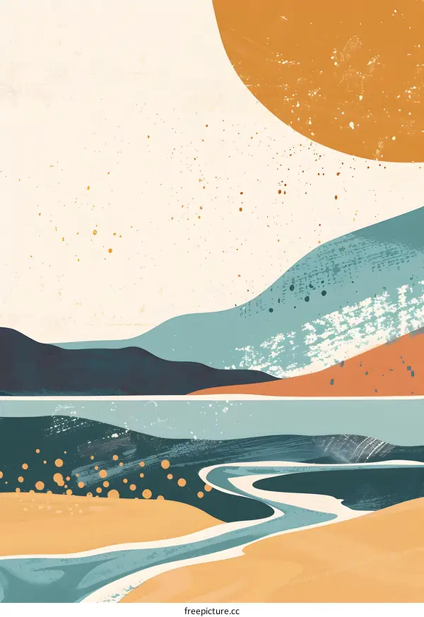 Abstract Landscape Art with Mountains and River in Blue and Orange