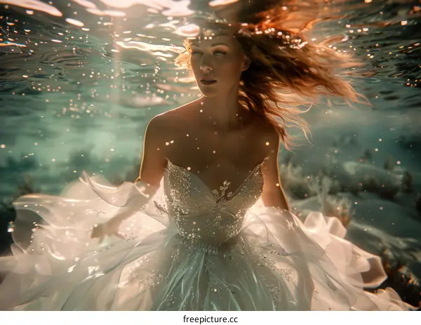 An underwater photo of a woman wearing a wedding dress