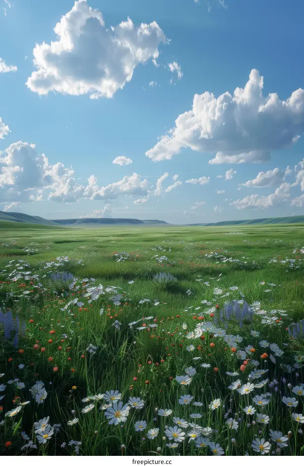 Vast Summer Meadow with Blue Sky and White Clouds