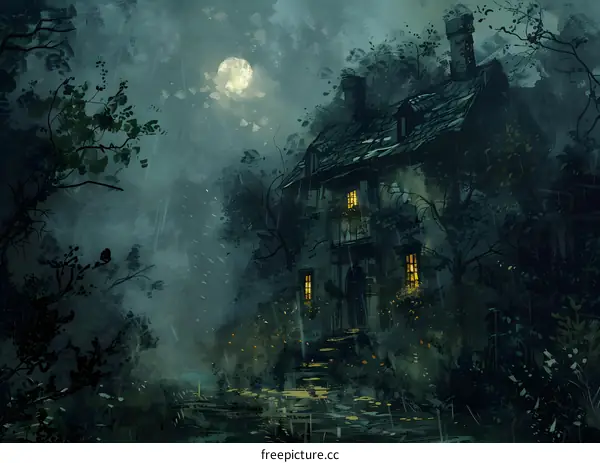 Night Forest House Under Full Moon