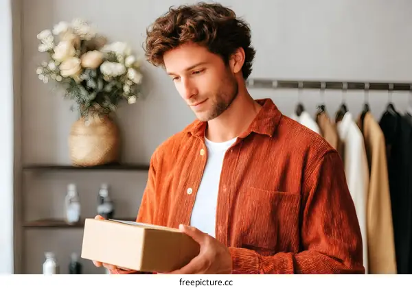 Man Examining a Package in a Clothing Store