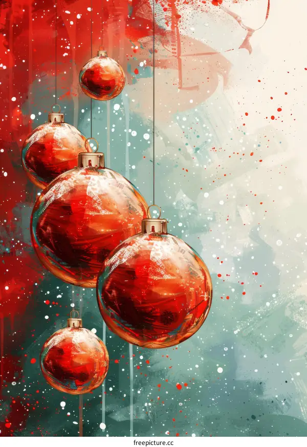red christmas balls hanging in front of red and green background