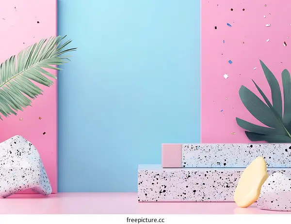 Pink and Blue Minimalist Background with Palm Leaves and Geometric Shapes