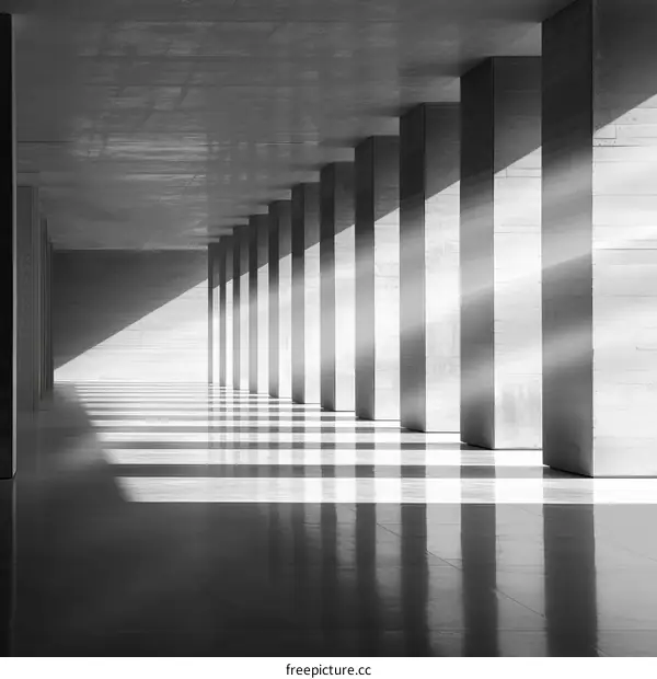 Black and white photo of concrete columns in a hallway