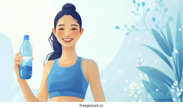 A young Asian woman with a ponytail in a blue sports bra holds a water bottle and smiles