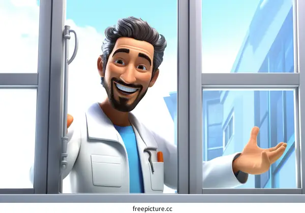 Cheerful doctor looking out of hospital window