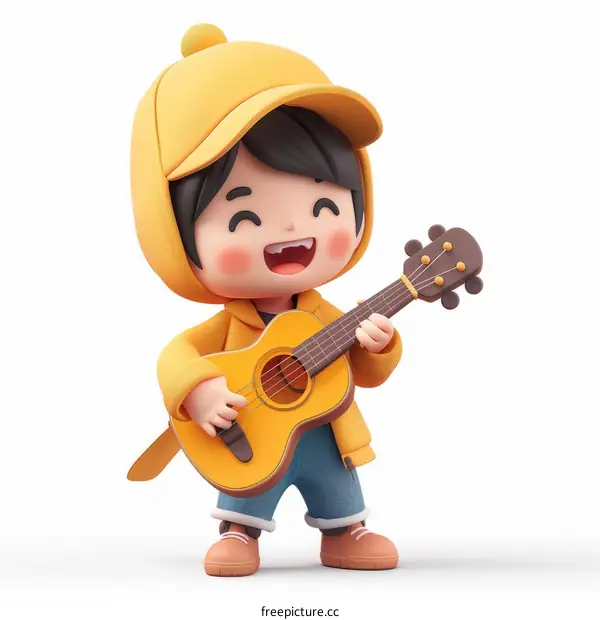 A happy boy playing the ukulele