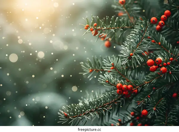 Red berries on a fir tree branch in winter