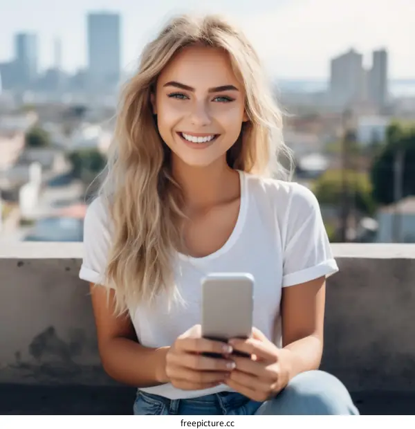 Smiling blonde woman holding a smartphone in her hands
