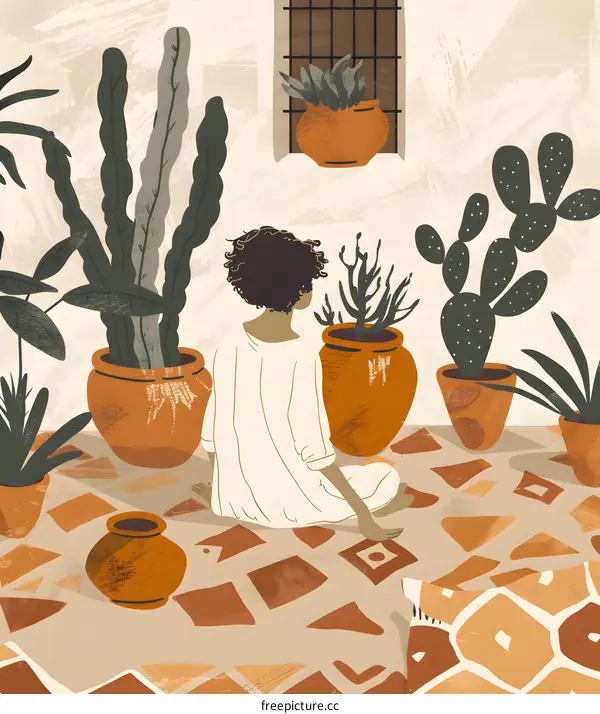 Woman Sitting in a Garden with Plants