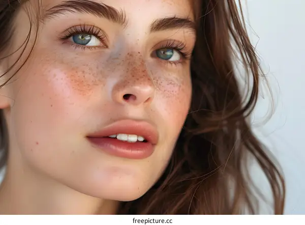 Close-up portrait of a beautiful young woman with freckles