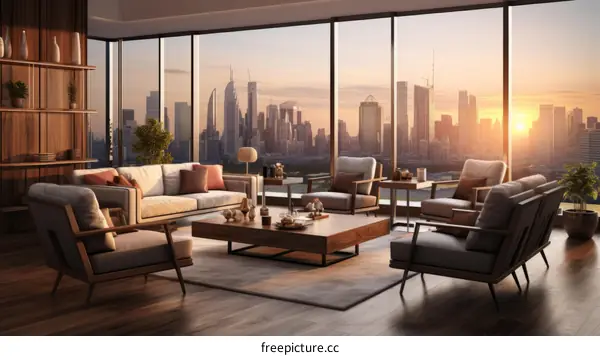 Modern living room interior with large windows and city view