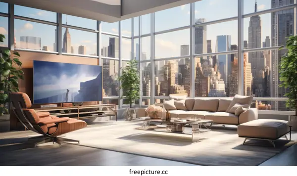 Modern living room interior with large windows and city view