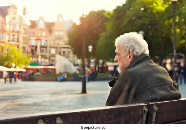Elderly Man Sitting On A Bench Looking Out At City Square