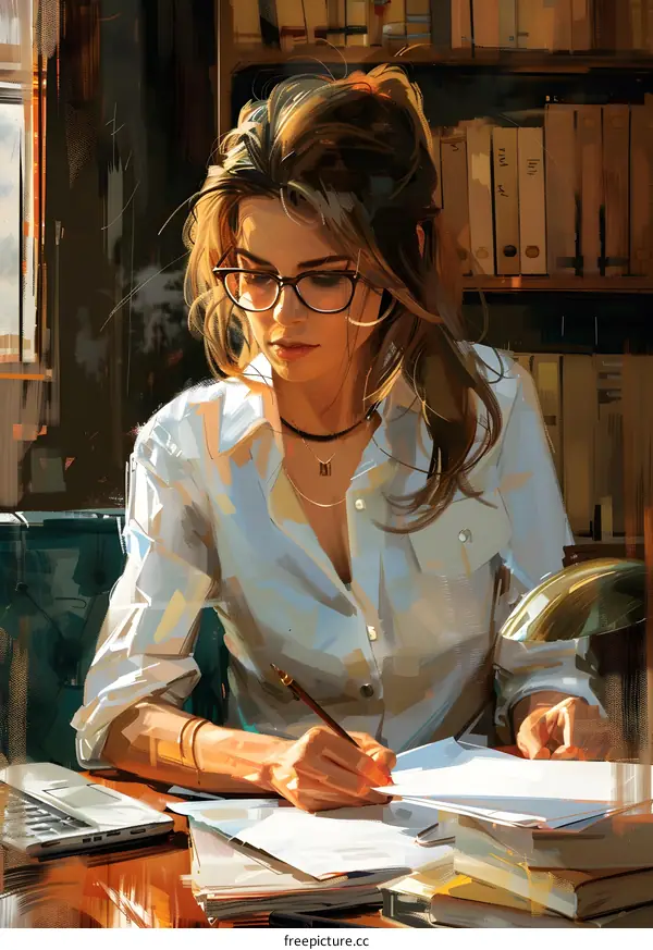 A beautiful woman in glasses is writing something at her desk.
