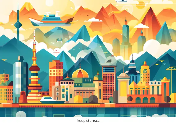 Modern Cityscape Illustration with Mountains and Sky