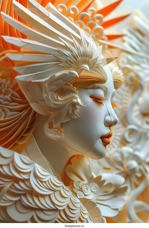 Paper Art Sculpture of Woman with Wings and Flowers