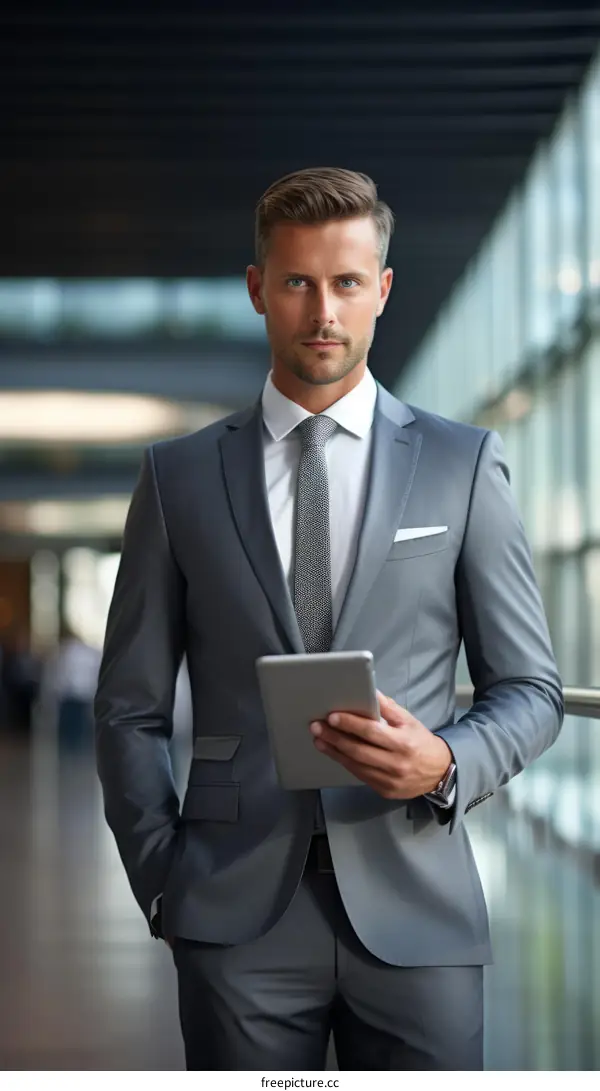 Businessman in a suit holding a tablet
