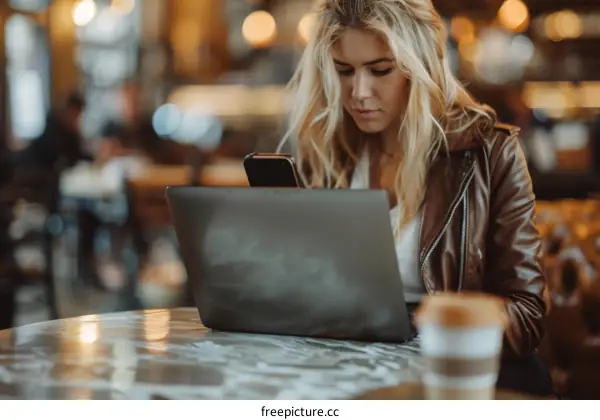 Young woman using laptop and mobile phone in cafe