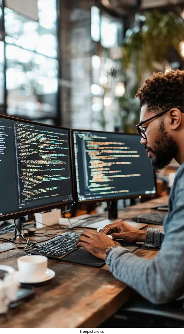 African American Programmer Working on Two Computer Screens