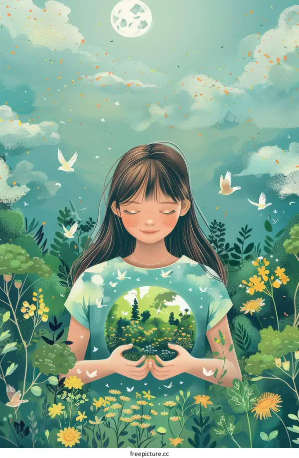 girl holding the earth in her chest with happiness
