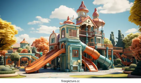 Colorful and Whimsical Playground in a Park with a Blue Sky and Trees