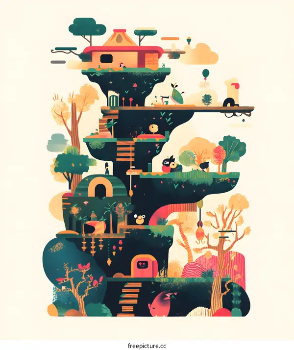 Fantasy Illustration of a Multi-Level House in the Clouds
