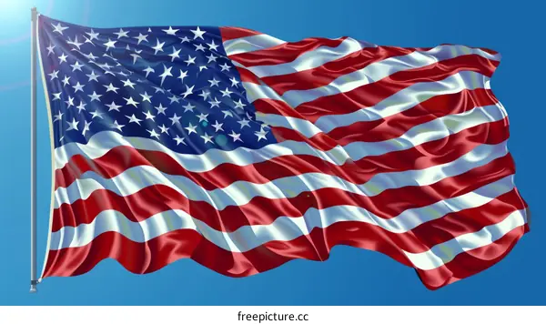 Waving American flag in the blue sky