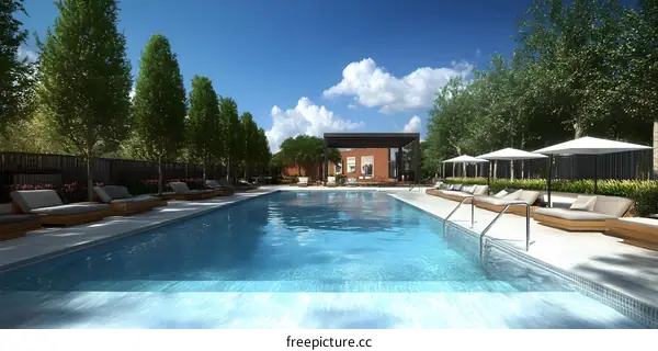 Outdoor Swimming Pool with Loungers and Trees