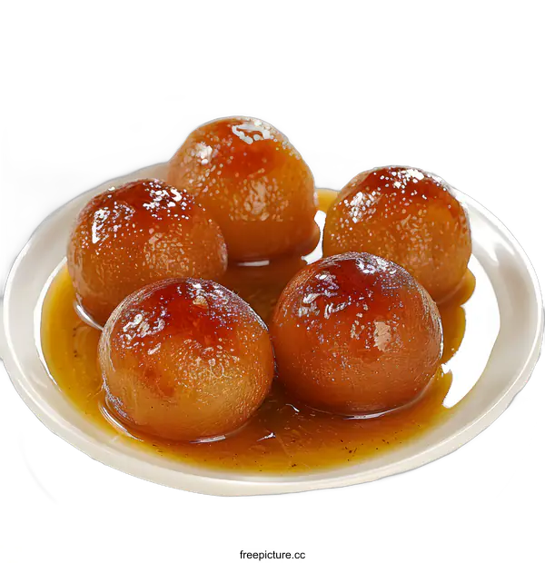 [Transparent Background PNG]Four gulab jamuns on a white plate