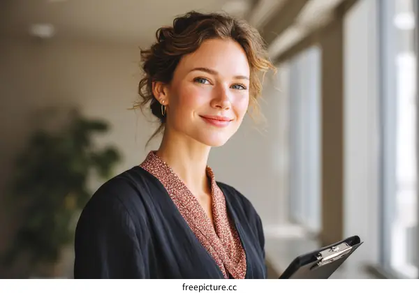 Confident Caucasian Woman Holding Clipboard