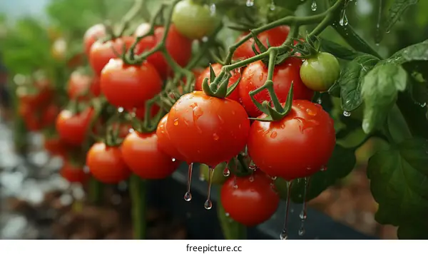 Close-up of Ripe Tomatoes on the Vine with Water Drops