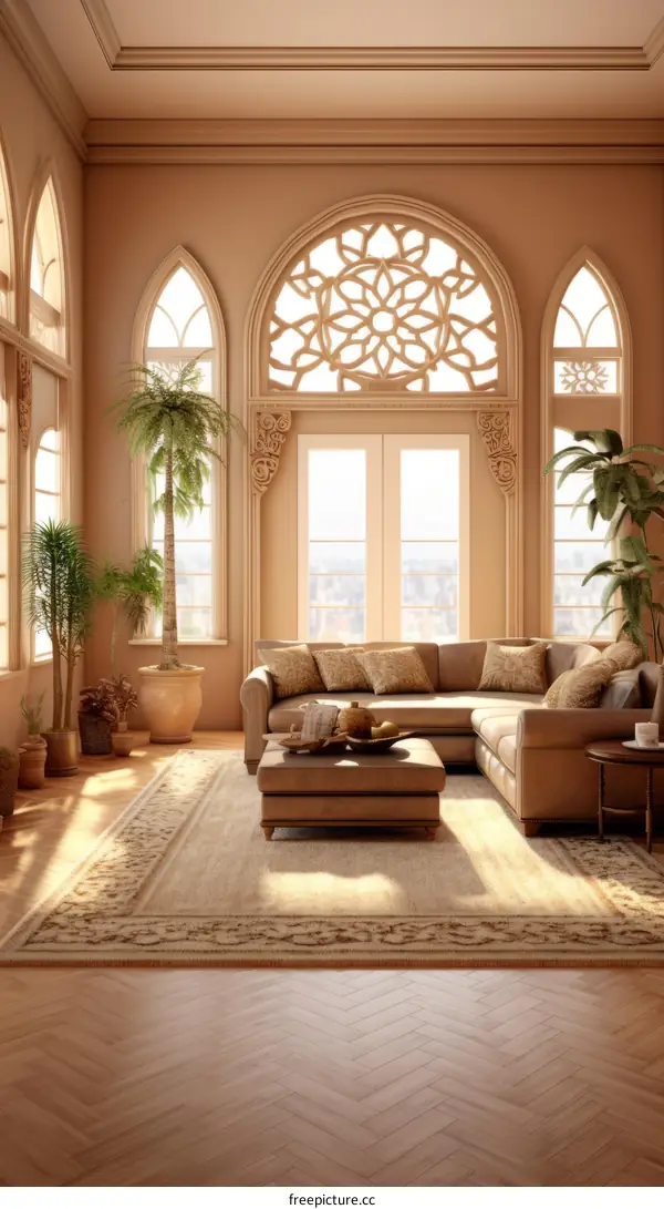 Ornate living room with large windows and a Moroccan-style arch