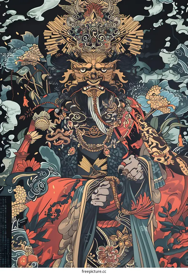 Japanese Traditional Art Illustration Of Deity With Mask And Flowers