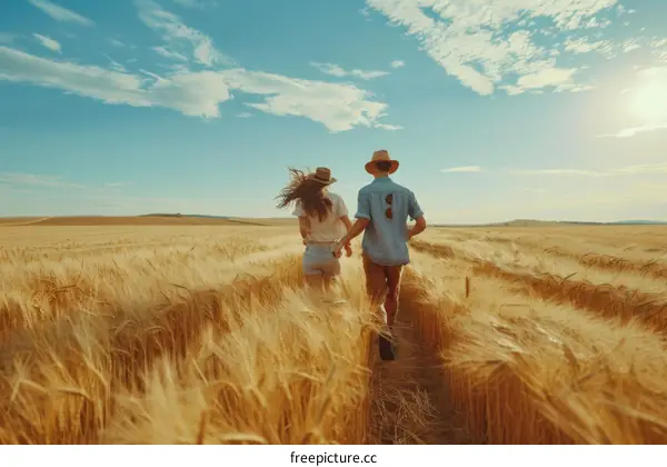 Couple running through a wheat field