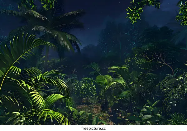 Tropical Rainforest at Night with Lush Greenery and Stars