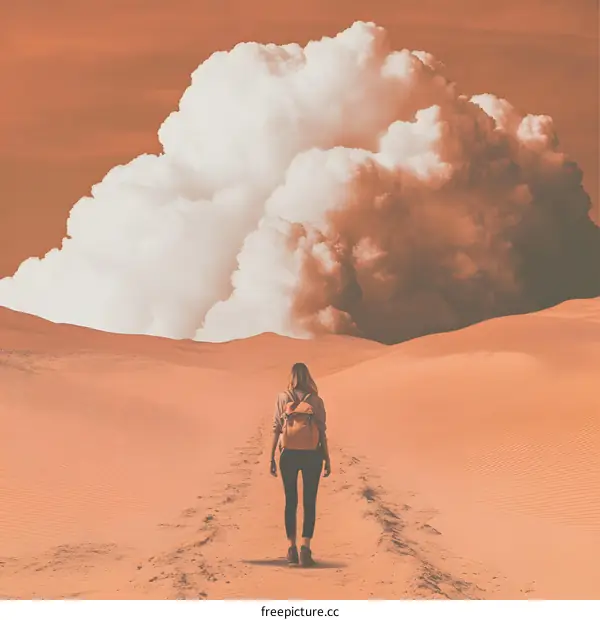 Woman Walking Towards Storm Clouds in Desert