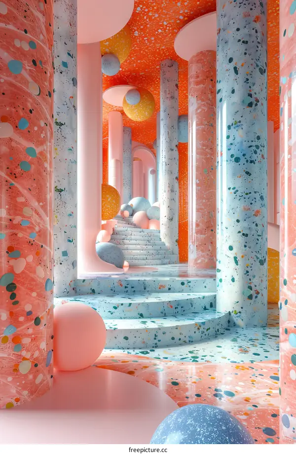 Colorful Interior Design with Geometric Shapes and Marble Effect