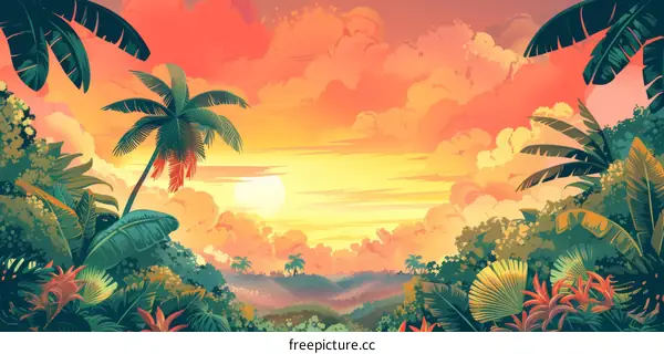 Tropical Rainforest Sunset with Palm Trees