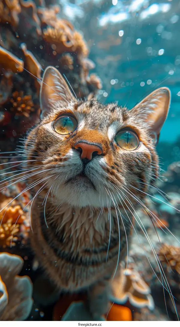 Curious Cat Looking Up at the Water Surface