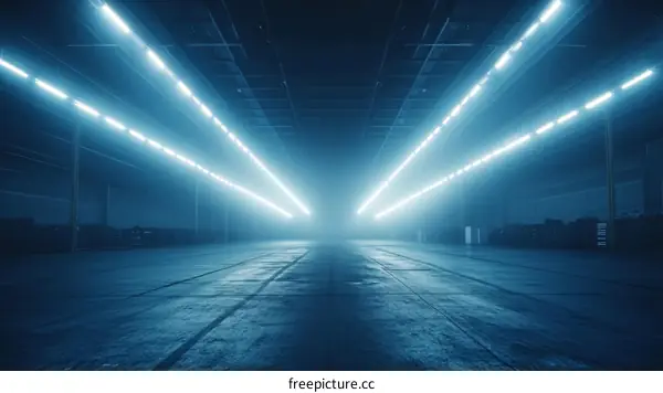 Empty Warehouse Interior with Neon Blue Lighting
